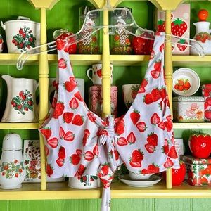 Cute red & white strawberries fruit swimwear bikini top